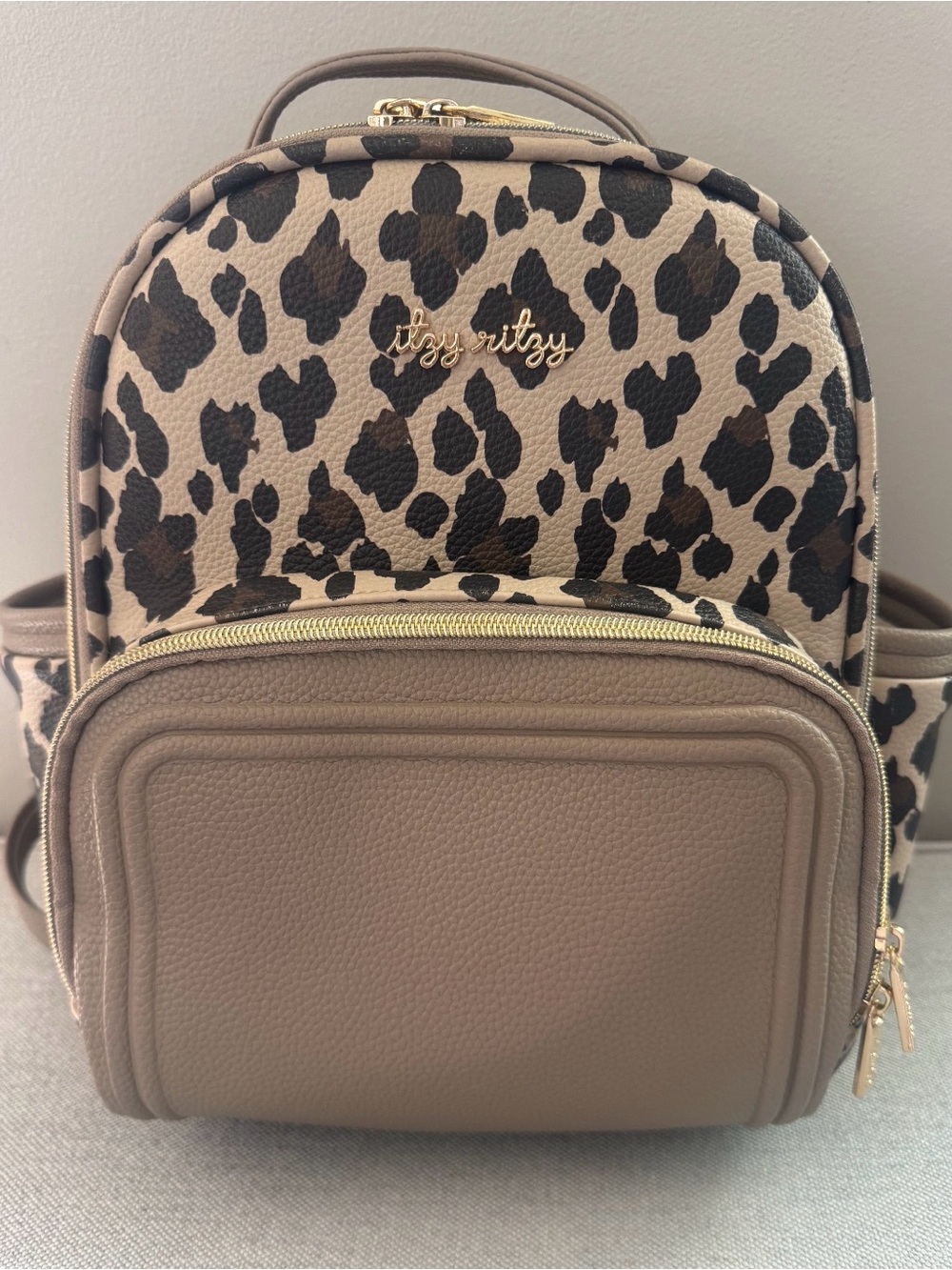 Itzy Ritzy Leopard Print Taupe & Black Mini Backpack Diaper Bag